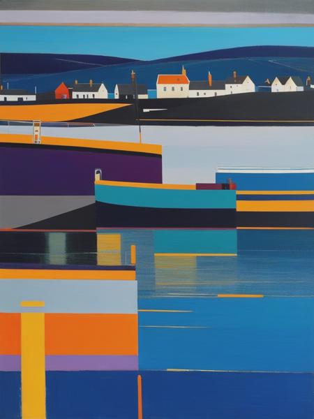 <lyco:RaimondsStaprans:1.0> 102040. A painting by Raimonds Staprans. A painting of Findochty Harbour at night captures the tranquil ambiance and tight-knit community of this Scottish harbor on the Moray Firth through a striking combination of geometric shapes and rich hues. The peaceful harbor, with its moored boats and gently glowing harbor lights, is portrayed in bold, abstract forms, while the surrounding village and dark waters are bathed in subtle shades of blue, purple, and gray. The composition evokes a sense of stillness and maritime tradition, reflecting the unique atmosphere of Findochty Harbour at night.