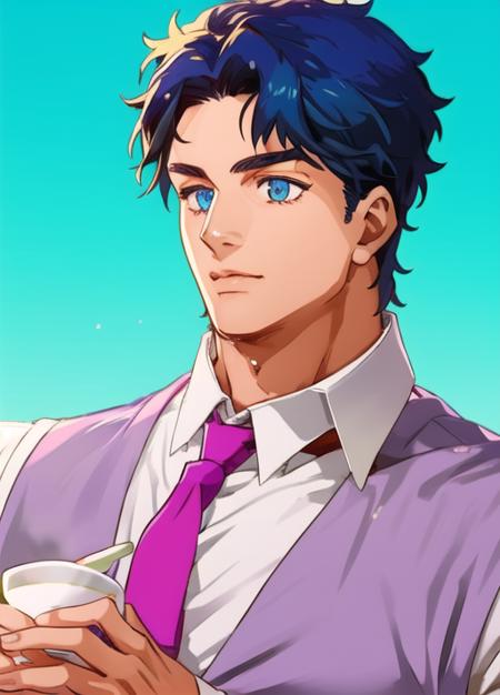 young, 18 years old, ((anime)), solo, 1boy,  (jonathanjojo with perfect face, pretty eyes, perfect hands), wearing (vest) and necktie, cute, young, (male focus),detailed blue hair, skin, [perfect body], ((detailed facial features)), cinematic lighting ,  digital art <lora:jonathanjojo:1>, torso, classic, ascot, cute , simplistic, muscular, chest, drinking tea, teacup,  <lora:robuttsStyleLora1MB_robuttsv1:0.6> <lora:TESTArakiHirohikoArt_v2:1>