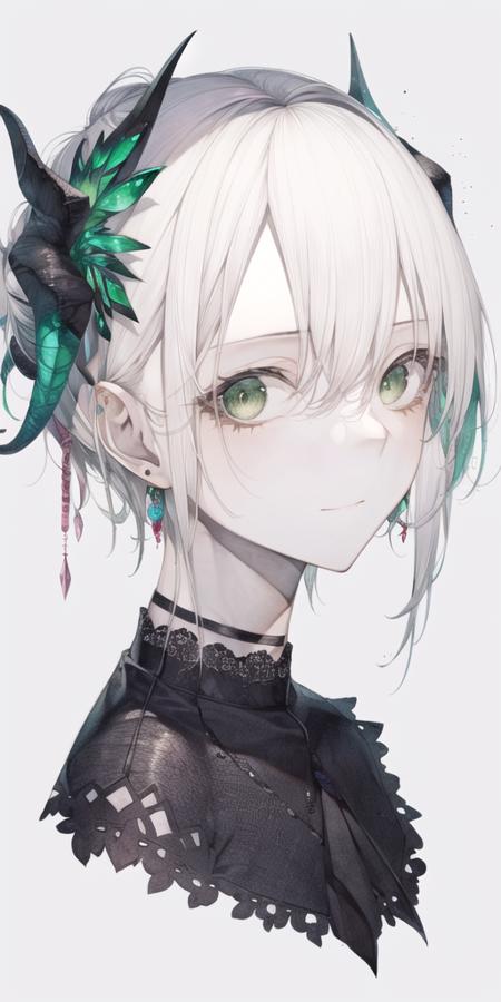 1girl, black choker, choker, colored skin, embroidery, green eyes, hair ornament, horns, looking at viewer, portrait, short hair, solo, white hair, white skin, white background, simple background, jewelry, cropped shoulders, earrings, closed mouth, bangs, hair between eyes, hair bun,<lora:hito_loha_v2b:0.7>