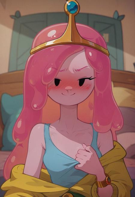 score_9, score_8_up, score_7_up, score_6_up, score_5_up, score_4_up, NSFW, (Princess Bubblegum from Adventure Time), petite, Taking off her clothes, stripping, smirk, blushing, partial nudity, masterpiece, show style, show accurate, flat colors, soft shading, bedroom is in the background