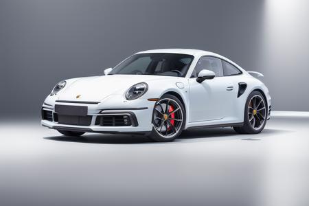 low angle shot of a (Porsche911_ti),dark blue sports car, (in a white studio cove:1.2), realistic digital render, 75mm lens,canon mark 3, reflective floor, rim light