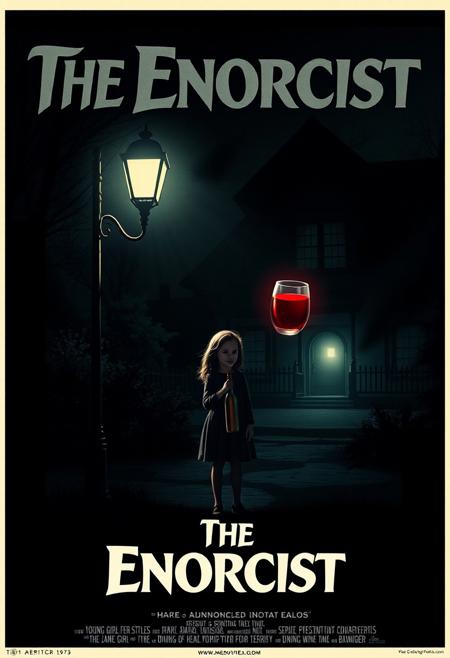 Design a parody movie poster titled The Enorcist, a humorous twist on The Exorcist. Imagine the iconic dark, eerie vibe of the original poster, but with a comical twist: instead of a demonic possession, the story is about a young girl cursed to drink wine for eternity. The poster should have an unsettling, atmospheric look, with dim lighting and shadows, similar to the original 1973 poster.
In the scene, show a girl standing under a dim street lamp outside a spooky house, holding a bottle of wine. The wine spirit possesses her, maybe symbolized by a faint aura or a sinister, red-glowing glass hovering near her. Add subtle wine-themed details (like a corkscrew or wine bottle shadow) to keep it humorous yet creepy. The title, The Enorcist, should mimic the original typography for an authentic touch.