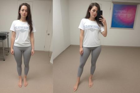 1girl, thin waist, thin legs, hip dips, standing up,, facing forward, thin legs, hip_dips, Freckles, showing forehead, wavy hair, very long hair, dark brown hair, skin tight cotton white yoga pants, fair skin, blushing, front facing, pear body shape, baggy grey tshirt, hair tied up, tite_kubo_style, blue classroom, camel toe