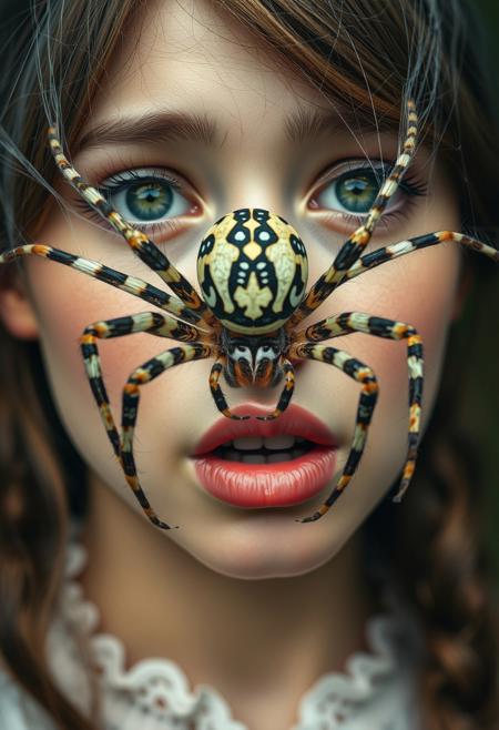 Photorealistic, hyperdetailed, nature photography, beautiful, detailed, realistic. A giant spider walking on a pretty girl's face, anatomically accurate spider with eight spindly legs and a rotund abdomen. vibrant colours, striped legs, pattern on body, cobwebs on face, girl looking scared, green eyes, pale skin, petite, blouse