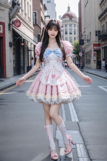 best quality, quality, masterpiece, photorealistic, 1girl, solo, full body, standing, long black hair, straight hair, blunt bangs, looking at viewer, smile, cyb dress, bow, apron, frills, puffy short sleeves, hair ornament, white thighhighs, high heels, street, shop, colorful, people, <lora:sweet_attire_style1_v1:0.65>