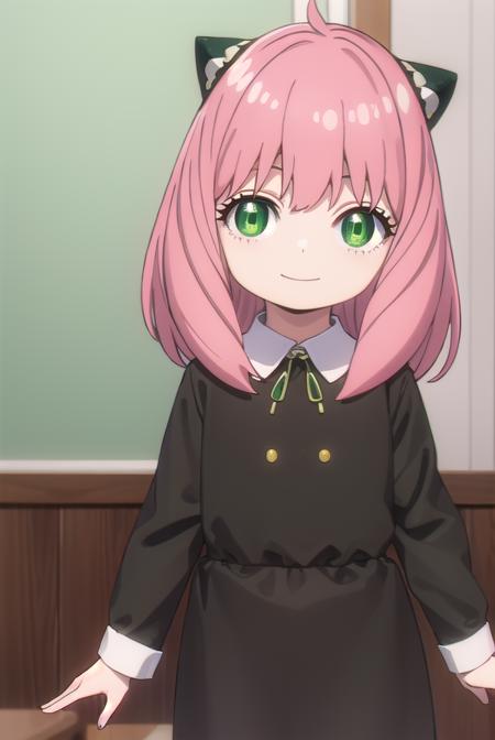 anyaforger, <lora:anya forger s1-lora-nochekaiser:1>,
anya forger, bangs, (green eyes:1.5), pink hair, ahoge, hair ornament, smile, child, female child,
BREAK long sleeves, dress, school uniform, socks, black dress, eden academy school uniform,
BREAK indoors, classroom,
BREAK looking at viewer, (cowboy shot:1.5),
BREAK <lyco:GoodHands-beta2:1>, (masterpiece:1.2), best quality, high resolution, unity 8k wallpaper, (illustration:0.8), (beautiful detailed eyes:1.6), extremely detailed face, perfect lighting, extremely detailed CG, (perfect hands, perfect anatomy),