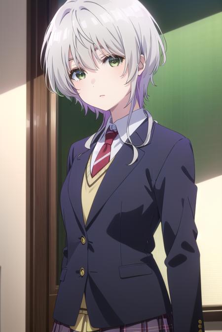 fuukakikuchi, <lora:fuuka kikuchi s1-lora-nochekaiser:1>,
fuuka kikuchi, short hair, bangs, hair between eyes, (green eyes:1.3), grey hair,
BREAK skirt, shirt, long sleeves, school uniform, jacket, white shirt, pleated skirt, necktie, collared shirt, plaid, plaid skirt, blazer, red necktie,
BREAK indoors, classroom,
BREAK looking at viewer,
BREAK <lyco:GoodHands-beta2:1>, (masterpiece:1.2), best quality, high resolution, unity 8k wallpaper, (illustration:0.8), (beautiful detailed eyes:1.6), extremely detailed face, perfect lighting, extremely detailed CG, (perfect hands, perfect anatomy),