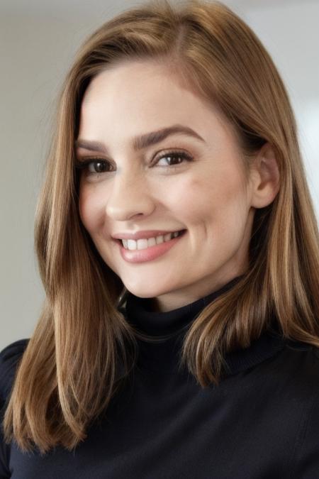 Photo of m4rym00dy woman, detailed face, smiling, (blurred background)+, black turtleneck blouse, in a living room