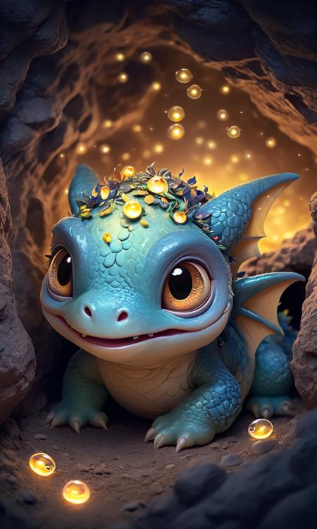 Pudgy dragon hatchling, (curled up:1.4) inside a (cave:1.2), (wide-eyed) with (sparkling) gaze, (giggling), surrounded by (fireflies:1.3), moonlight, gentle colors, (playful) expression, (fluffy) texture detailing, (joyful) ambiance, embodying (innocence), (serenity), hyper-realistic detailing