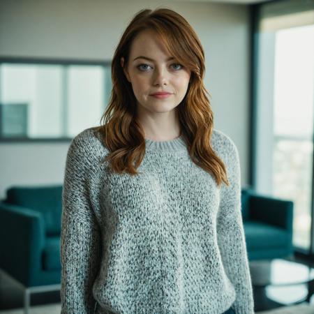 professional portrait photograph of EmmaStone, <lora:EmmaStoneSDXL:1.0> with (matte skin) and (long brunette hair), (wearing a sweater:1.2), (standing in a modern apartment with furniture and modern interior design:1.2), summer <lora:DetailedEyes_V3:0.8> (pores:0.5) (freckles:0.2) (bokeh:0.3)
