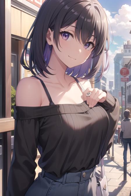 harunoyukinoshita, <lora:haruno yukinoshita-lora-nochekaiser:1>,
haruno yukinoshita, short hair, hair between eyes, (black eyes:1.5), black hair, gradient hair, two-tone hair, purple hair, smile,
BREAK sweater, off shoulder, bra strap, purple sweater, long sleeves, collarbone,
BREAK outdoors, city, sky, sun, people, crowd, buildings, clouds,
BREAK looking at viewer,
BREAK <lyco:GoodHands-beta2:1>, (masterpiece:1.2), best quality, high resolution, unity 8k wallpaper, (illustration:0.8), (beautiful detailed eyes:1.6), extremely detailed face, perfect lighting, extremely detailed CG, (perfect hands, perfect anatomy),