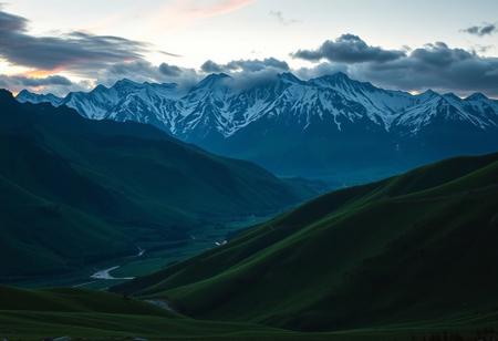 majestic Tian Shan Mountain Range, captured in a breathtaking landscape photography style, dramatic lighting, snow-capped peaks, lush green valleys, vibrant skies, ultra-wide lens, high-resolution detail, high detail. highly detailed and hyper realistic photo, by Alena Aenami , by Archibald Thorburn , by Daniele Afferni , in the style of  monochromatic silhouette reflection,  limited dark palette, unusual dark colors, faded colors, atmospheric haze, highly dramatic cinematic lighting, motion blur, film grain,  professional, excellent composition, finest details, maximized details, ultimate detail level, masterpiece, best quality