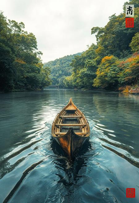The Bamboo boat flows backwards down a great river and floats on its surface.
Japanese art style, Japanese ink painting, 
best quality, sharp focus, high contrast, colorful, ultra quality, 8k, best quality,