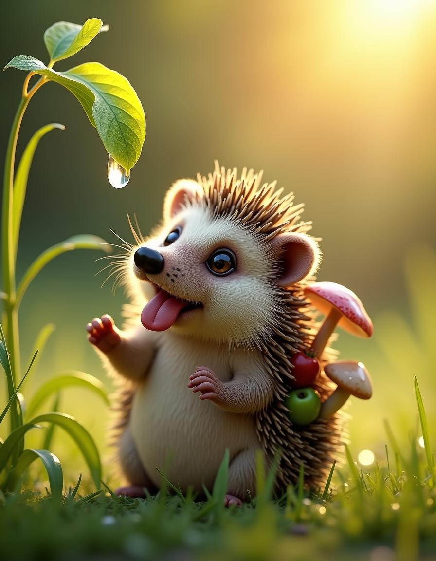 A cute hyperrealistic scene where a little hedgehog reaches for a drop of dew hanging on a blade of grass. The hedgehog has sad big golden eyes, a black wet nose and a small red tongue. He tries to lick the drop of dew with his tongue. The hedgehog has several leaves, one mushroom and an apple stuck to his back on his spines. The hedgehog's fur is shaggy and wet in places, because he ran on wet grass. There is green wet grass around and the morning sun's rays are reflected in every drop of water. Close-up, super detailed.