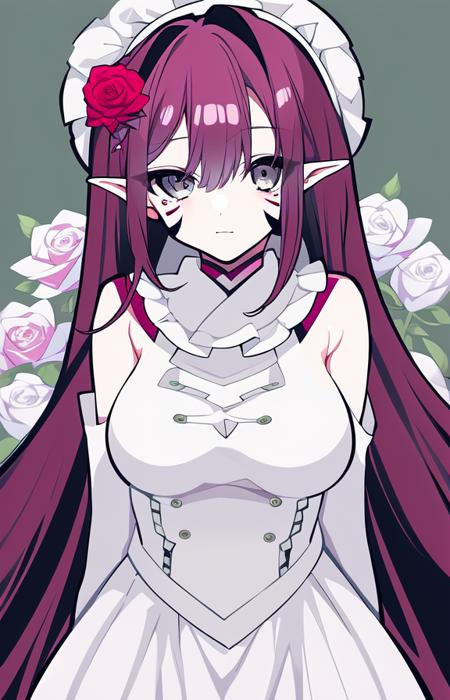 1girl, bangs, bare shoulders, by mochizuki kei, detached sleeves, facial mark,  flower, grey eyes, hairband, large breasts, large hat, long hair, looking at viewer, pink hair, pointy ears, revealing clothes, rose, sidelocks, solo, white dress, white footwear, white headwear