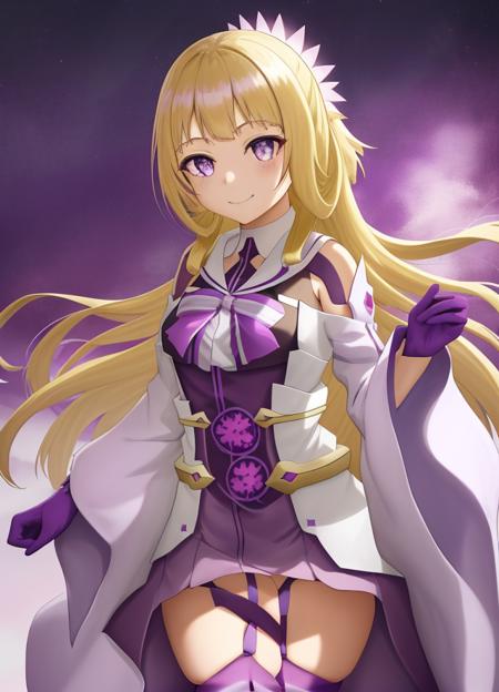 <lora:Nogi_Sonoko-10:1>,1girl,solo,Nogi_Sonoko, gray eyes,long hair, looking at viewer, smile, blonde hair, thighhighs, gloves, purple gloves,purple dress,(wide white sleeves),purple ribbon,purple stockings,hair ornament,pussy purple rose tattoo