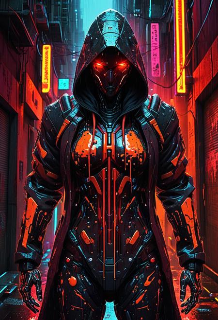 a digital concept art of an urban android warrior with a hooded gaze. The figure features splattered paint in reds and oranges, rendered with high definition and bold contrast in a graphic novel style, XL-05, cyberpunk android in a dark alleyway, neon lights, rainy night, symmetrical, maximalist, realistic skin texture, accurate, refined, defined, highly detailed,
