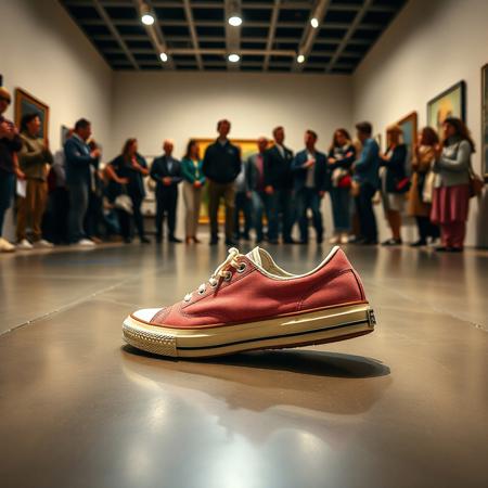an art exhibition in which a tennis shoe is being displayed as a work of art, the tennis shoe is on the floor, and the public, which is rich, is around it