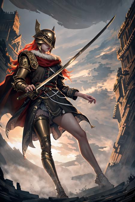 High Quality, Masterpiece, 1girl, solo, KatanaOneHand, holding, <lora:UBWKatanaOneHand:1>, blade across body, blade up, blade right hand, prothestic leg, single mechanical arm, prosthesis, MaleniaDef, armor, cape, helmet, brown dress, <lora:Char_EldenRing_Malenia:1>