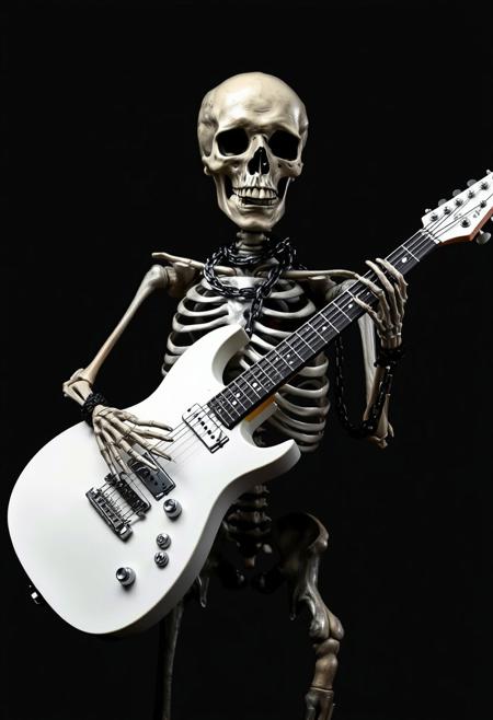 The image presents a striking, dark, and edgy composition of a skeletal figure integrated with a white electric guitar. The skull sits atop a skeletal frame adorned with heavy chains that drape and wrap around the structure, creating a sense of weight and intensity. The sleek white guitar contrasts sharply against the metallic gray of the skeleton and chains, emphasizing the fusion of music and macabre. The skeletal hands seem to cradle or support the guitar, giving it an almost ritualistic prominence. The background is a solid dark gray, enhancing the dramatic and gothic atmosphere of the design.