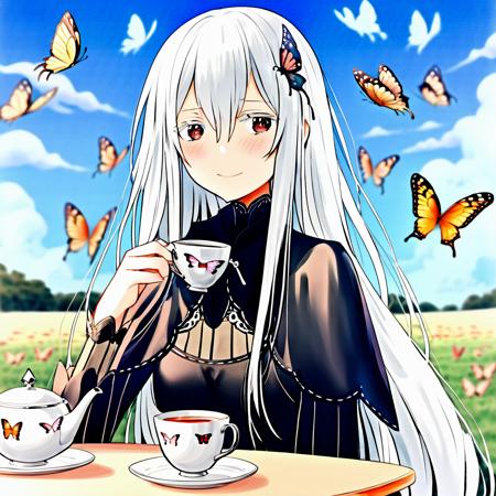 echidna, 1girl, sitting, drinking tea, looking at camera, long white hair, sky in background, blushing, surrounded by butterflies <lora:echidna:1>