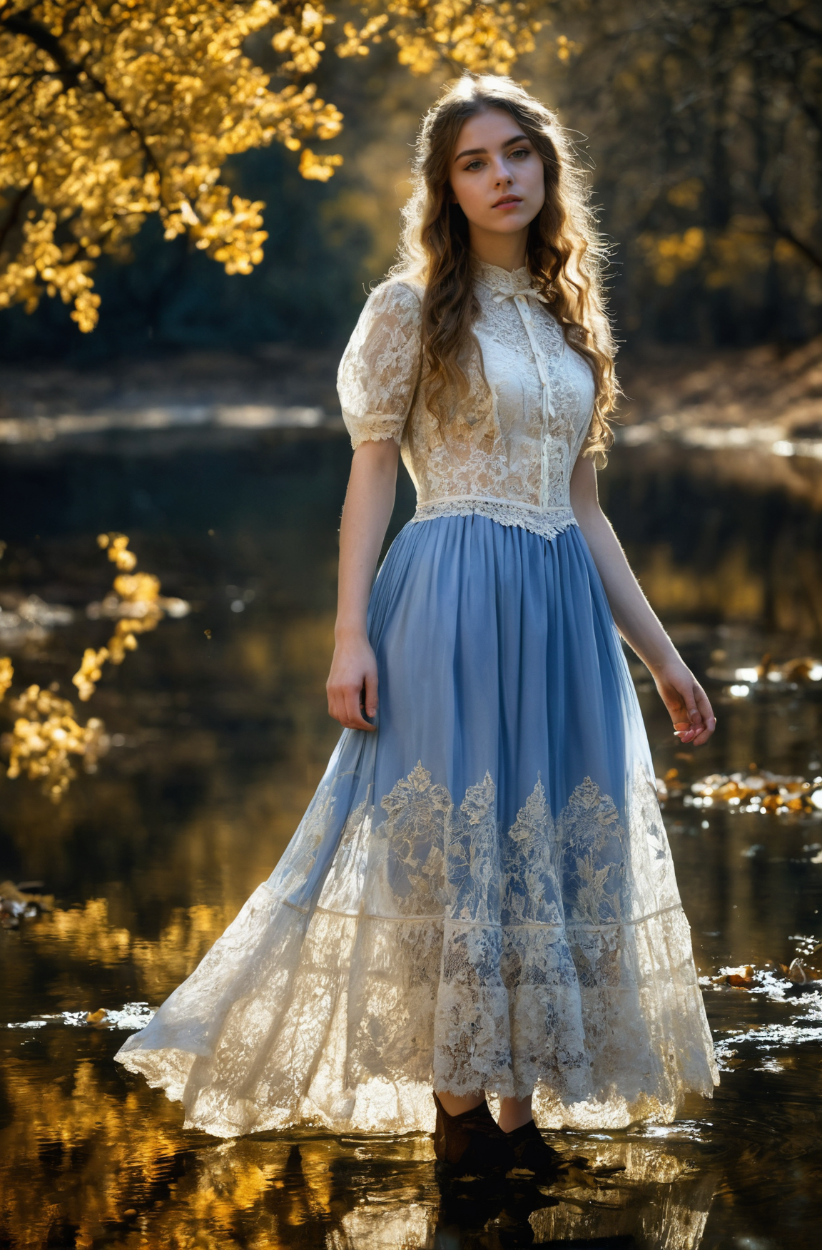 18 yo english girl,breathtaking,nature,dgtlv2,8k,((oak forest)),lose leaves,streams,Reflection of water surface,representational,Focusing,fashion editorial,full body,looking at viewer,depth of field,<lora:add-detail-xl:0.7>,gold white blue dress,Lace skirt,(Victorian age),
