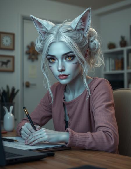 cinematic style, beauty, realism, photorealism, chiaroscuro, high quality, 1girl, pale dusky blue skin, facial markings like whiskers, white cat ears and a white cat tail, pronounced fangs, white hair in two large ringlets, a female miqote with a petite build, bright yellow eyes, cinematic photo a kind woman sitting at a desk in a minimalist home office, her natural-looking face relaxed as she concentrates on a writing project. 35mm photograph, film, bokeh, professional, 4k, highly detailed
