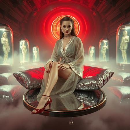 tall slender  elegant slavic lady in  vintage sheer dressing robe and   high heels, sits   at   floating  mirror disk, surrounded by   foil pillows,  alien stasic tubes with encased beauties at background, sci-fi, scifi, mind control,  slave collar, steel, foil, fog,   hypno,  romance, poison, lipstick,  long hair, heavy makeup,   1950s hairstyle, red nails,   long hair, green eyes,  sharp cheekbones, ultra thin waist , mysterious,  alien spaceship,   space, radiating, laser, dramatic lighting, ral-alufoil