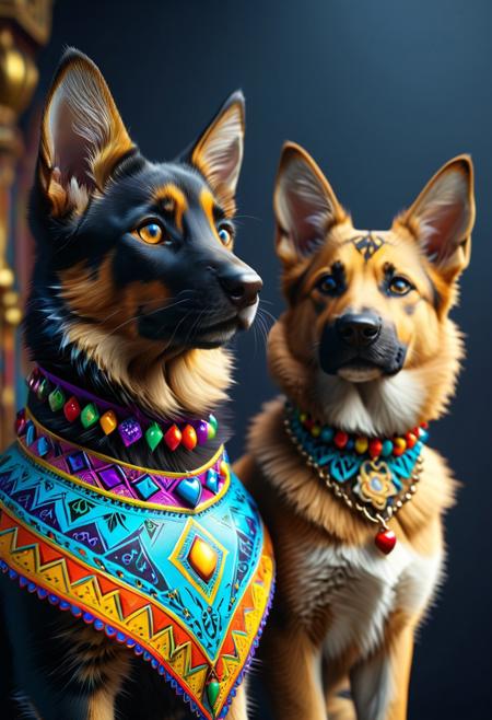 In this vibrant and dramatic portrait, a charming kitten and a German shepherd are cleverly combined, both showcasing intricate and whimsical decorations. The kitten sports a captivating face paint in bold colors such as white, black, blue, and purple, with geometric patterns and sharp angles, while the German shepherd dons a decorative collar that harmoniously complements the kitten's vivid aesthetic. Both animals wear contrasting pointed hats, reminiscent of jesters or harlequins, heightening the sense of artistry and playfulness. A dark background accentuates the bright colors and intricate details, creating a fantastical and immersive scene. This detailed matte painting, with deep color and intricate detailing, is perfect for a splash screen and showcases the fantasy concept art style. At 8k resolution, this captivating image is sure to trend on Artstation and the Unreal Engine 5 platform.