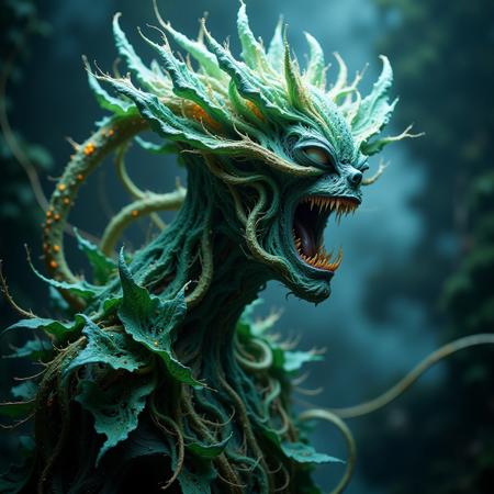 biomorphic female alien plant hybrid with sharp teeth and without eyes, unnatural translucent bioluminescent flora in an extraterrestrial scenery, sci-fi, hyperdetailed, ethereal, magical, mysterious mist, neon, living flower, eerie, soap bubble, wet and slimy