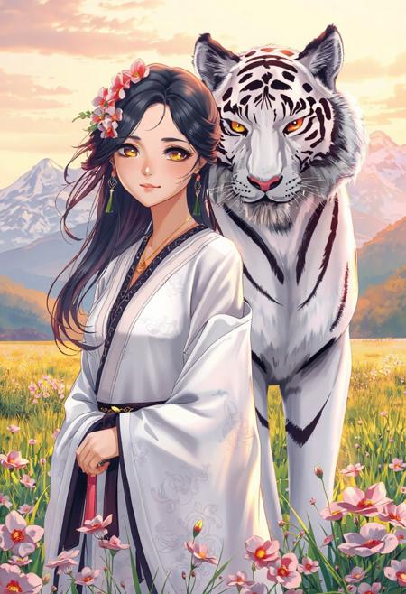 A breathtaking anime-style illustration features a serene young woman standing beside a magnificent white tiger. The woman, with her dark hair adorned with delicate pink and orange blossoms and intricate gold accessories, wears an elegant white kimono with subtle floral patterns and black accents, suggesting a traditional or fantasy setting. Her gaze is gentle yet direct, conveying a sense of quiet strength and connection with the majestic animal. The white tiger, with piercing golden eyes and striking black stripes, stands tall and protective behind her, its presence powerful yet calm. They are situated in a vibrant field of green grasses and blossoming pink and purple flowers, under a soft, diffused sky with hints of a warm sunset or sunrise. In the background, majestic, snow-capped mountains rise, hinting at a vast and beautiful natural landscape. The overall atmosphere is one of harmony, beauty, and a mystical bond between nature, human, and beast.