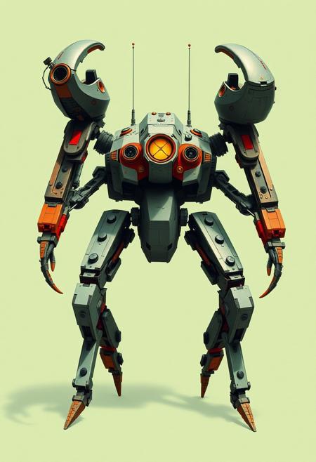 Art deco magazine art style, Atompunk Crab-legged combat mecha automaton , sleek symmetrical, combat pose