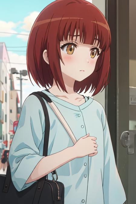 best quality, masterpiece, highres, solo, {shinoda_akane_nonnonbiyori:1.15}, short_hair, brown_hair, brown_eyes, bangs, blush, anime_coloring, red_hair, 1girl, day, outdoors, bag, blue_shirt, upper_body