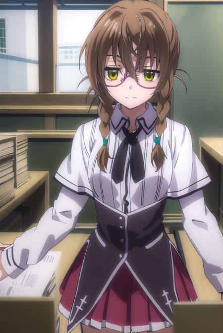 aikakiryuu, <lora:aika kiryuu anime s2-lora-nochekaiser:1>,
aika kiryuu, long hair, brown hair, (green eyes:1.5), braid, glasses, twin braids, smile,
BREAK shirt, ribbon, school uniform, white shirt, black ribbon, neck ribbon, capelet, black capelet, long sleeves, skirt, red skirt,
BREAK indoors, classroom,
BREAK looking at viewer, (cowboy shot:1.5),
BREAK <lyco:GoodHands-beta2:1>, (masterpiece:1.2), best quality, high resolution, unity 8k wallpaper, (illustration:0.8), (beautiful detailed eyes:1.6), extremely detailed face, perfect lighting, extremely detailed CG, (perfect hands, perfect anatomy),