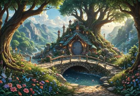(Isekai anime style.Anime coloring.(0.9))In a whimsical world, a beautiful fairy garden blooms with vibrant flowers and sparkling fountains. A delicate, crystal bridge spans a gentle stream, leading to a majestic tree with leaves that shimmer like diamonds. A friendly, fluffy rabbit hops along the winding path, surrounded by fluttering butterflies and sweet, singing birds. The garden is filled with hidden treasures, like a tiny, glowing fairy door and a secret, shimmering cave. A soft, fluffy cloud drifts lazily across the sky, casting a warm, gentle shadow over the garden. The air is filled with the sweet scent of blooming flowers and the soft, soothing sound of gentle chimes. It's a peaceful, magical place where dreams come alive and wonder waits around every corner.master_class,master_piece,up_8,up_9,perfect beautiful,perfect beautiful early morning light.