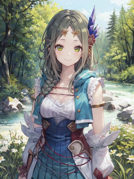 1girl, solo, masterpiece, best quality, charfirisnorm, upper body, standing, looking at viewer, closed mouth, smile, hair ornament, circlet, arms at sides, forest, river, <lora:firisv1i-000014:0.8>