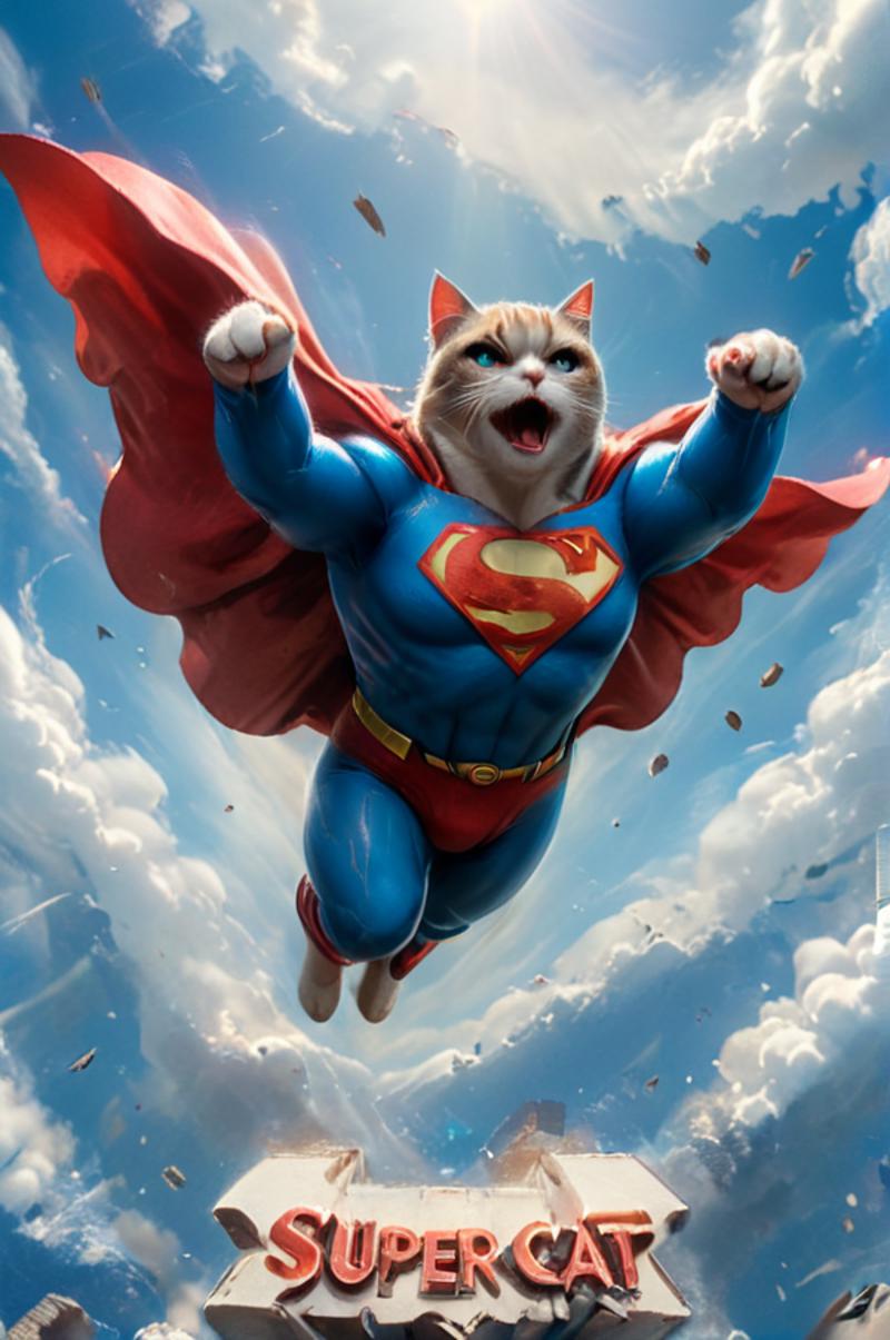 A Super Cat Flying in the Sky: A Cat Dressed as Superman with Blue Eyes