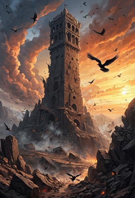 (masterpiece), (best quality), (ultra-detailed), dramatic fantasy landscape with a thin imposing tower jutting out of a rocky, barren landscape. Ruins and mist circling its base, Dynamic scene. An explosion half way up the tower causes the (top of the tower to tilt to the left) as it collapses.   Debris and burning trails in the air, sunset sky filled with swirling clouds and angry black birds, high fantasy book cover illustration, painted digital concept art