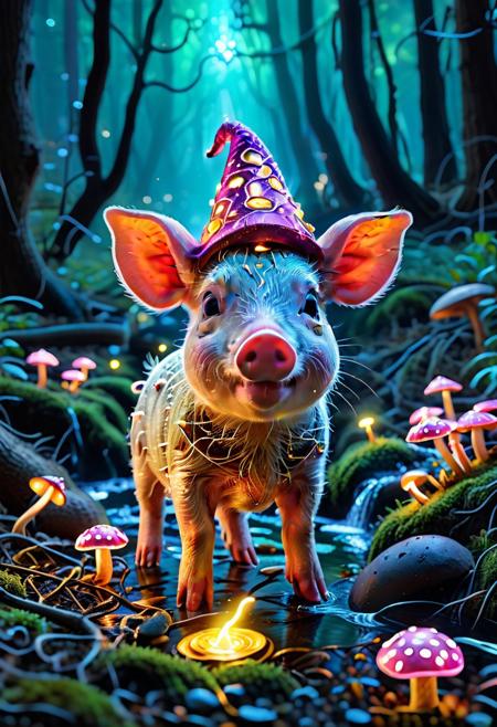 A curious piglet with a pink snout and floppy ears wanders into an enchanted forest, where glowing mushrooms light up the ground, and a shimmering stream hums a melody. The piglet stumbles upon a golden acorn guarded by a talking squirrel in a tiny wizard hat, who says, “Answer my riddle, and the acorn’s magic will be yours.”