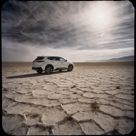 cinematic photo analog film photo scifi, front left view, white (evo:1.1) car, night sky, cinematic, mist, volumetric lights shiny, dusty sand new, dynamic view, luna desert landscape, (drought:1.2), dry soil, faded film, desaturated, 35mm photo, grainy, vignette, vintage, Kodachrome, Lomography, stained, highly detailed, found footage . 35mm photograph, film, bokeh, professional, 4k, highly detailed