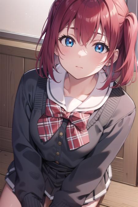 rubykurosawa, <lyco:rubykurosawa-lyco-nochekaiser:1>, 
ruby kurosawa, aqua eyes, medium hair, red hair, two side up, twintails, (flat chest:1.2), 
BREAK black socks, bow, bowtie, brown footwear, buttons, grey sailor collar, grey skirt, loafers, long sleeves, miniskirt, pleated skirt, sailor collar, school uniform, serafuku, shirt, shoes, skirt, uranohoshi school uniform, white shirt, winter uniform, yellow bow, yellow bowtie,
BREAK looking at viewer, 
BREAK indoors, classroom, 
BREAK <lyco:GoodHands-beta2:1>, (masterpiece:1.2), best quality, high resolution, unity 8k wallpaper, (illustration:0.8), (beautiful detailed eyes:1.6), extremely detailed face, perfect lighting, extremely detailed CG, (perfect hands, perfect anatomy),