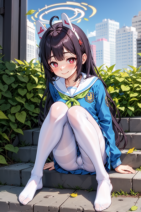 miyu, red eyes, black hair, long hair, blunt bangs, ahoge, leaf on head, fake animal ears, halo school uniform, gloves, white serafuku, green neckerchief, blue skirt, pleated skirt, white pantyhose, white footwear miyu, red eyes, black hair, long hair, blunt bangs, ahoge, twin braids, leaf on head, halo, white bikini, leaf print, white ribbon, white neck ribbon, straw hat