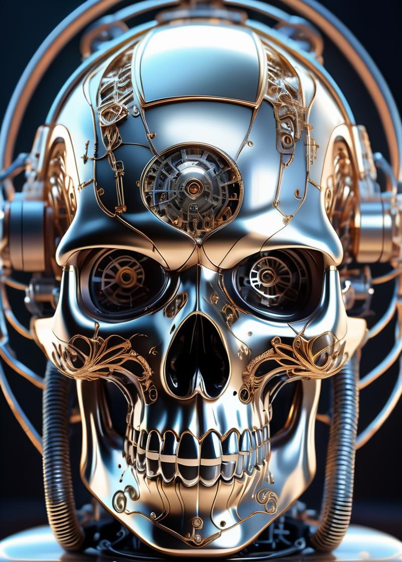 A detailed 3D rendering of a robotic skull with intricate gears and machinery.