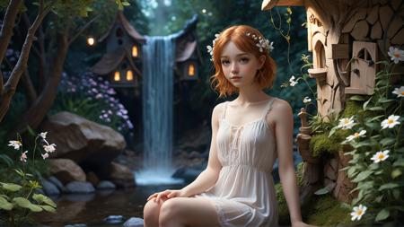 (detailed realistic background:1), (official art, beautiful and aesthetic:1 ), realistic lighting, cinematic lighting, hyperrealism, soothing tones, muted colors, high contrast, soft light, sharp, artistic photoshoot, FeyFa, forest, trees, middle, path, waterfall, through, background, stream, flowers, lights, BREAK  in the foreground sitting a fairy, in back of her fairy house, light, (cute, petite), slender, european, pale cheeks, square face shape with angular jaw, natural makeup, ginger hair, (wavy bob hair:1.1), wearing see-through gossamer fairy short dress, night time, darkness,  fFaceDetail-SDXL, fHandDetail-SDXL, HairDetail-SDXL, SkinDetail-SDXL <lora:FeyAndFairies:0.8>  <lora:add_detail:1>
