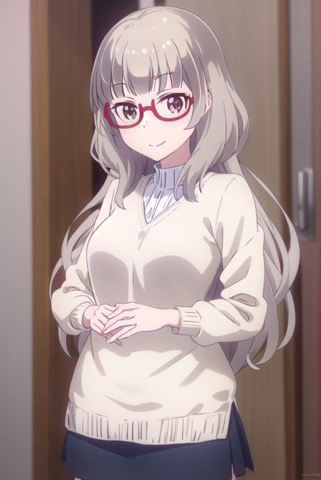 shizukuhazuki, <lora:shizuku hazuki s2-lora-nochekaiser:1>, 
shizuku hazuki, long hair, bangs, (brown eyes:1.5), grey hair, glasses, semi-rimless eyewear, red-framed eyewear, under-rim eyewear, smile,
BREAK skirt, shirt, long sleeves, white shirt, black skirt, fringe trim,
BREAK indoors, office,
BREAK looking at viewer, (cowboy shot:1.5),
BREAK <lyco:GoodHands-beta2:1>, (masterpiece:1.2), best quality, high resolution, unity 8k wallpaper, (illustration:0.8), (beautiful detailed eyes:1.6), extremely detailed face, perfect lighting, extremely detailed CG, (perfect hands, perfect anatomy),