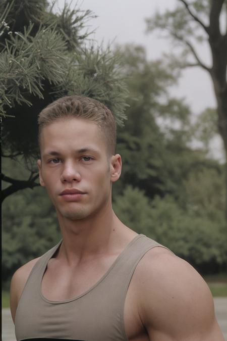 (close-up shot) photo of matthew_rush <lora:matthew_rush-07:0.75> wearing a fitted solid-color black tank top, serene outdoor natural setting, blurred background, soft diffused natural light, focused determination, looking at camera