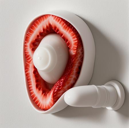 fleshlight detailed product in front of a white wall, orifice is shaped like a strawberry