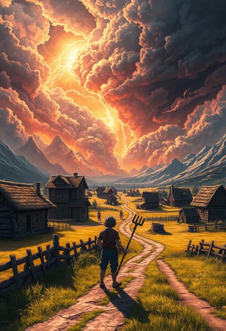 High detail, anime landscape drawing masterpiece, villager with a pitchfork looking at the far away skies, epic art, bright colors, huge shadows, Surreal landscape of a fantasy village, houses made out of wood with dirt roads, hay stacks, well, different roofs, some houses are multi story, detailed whet field, at the background there is a huge storm coming consuming the calm skies, surreal thunders coming out of that detailed sky, far from a peaceful village, corrupt ground under the storm far away, great sense of scale, mountains to the right side of the frame, UHD, very good quality, trending on artstation, slight fog,