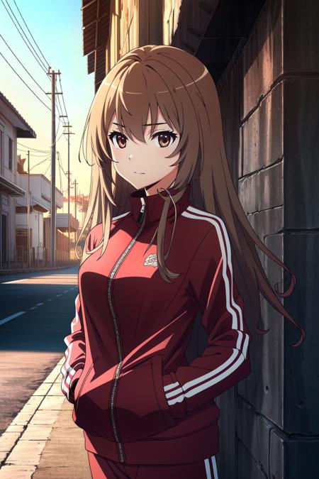 (extremely detailed CG unity 8k wallpaper),(masterpiece),(best quality),(ultra-detailed),(best illustration),(best shadow),(absurdres), <lora:Taiga Aisaka:0.8> Taiga Aisaka, long hair, brown hair, 1girl, brown eyes, track jacket, jacket, track suit, outdoors, (detailed background, intricate background:1.1), beautiful