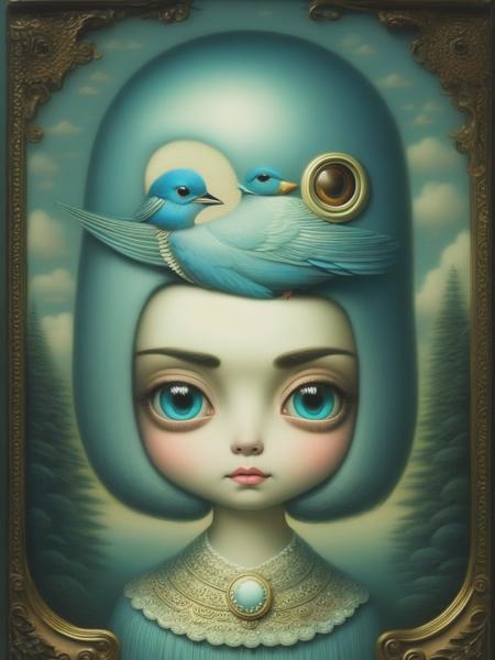 <lyco:MarkRyden:1.0> mark ryden style, awake, enlightened, consciousness, light, bluebird, trees